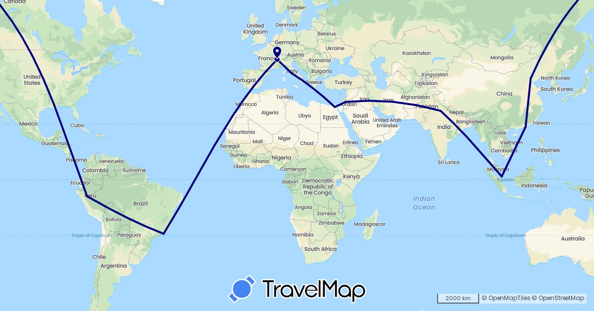 TravelMap itinerary: driving in Brazil, Switzerland, China, Egypt, India, Italy, Jordan, Mexico, Peru, Singapore (Africa, Asia, Europe, North America, South America)